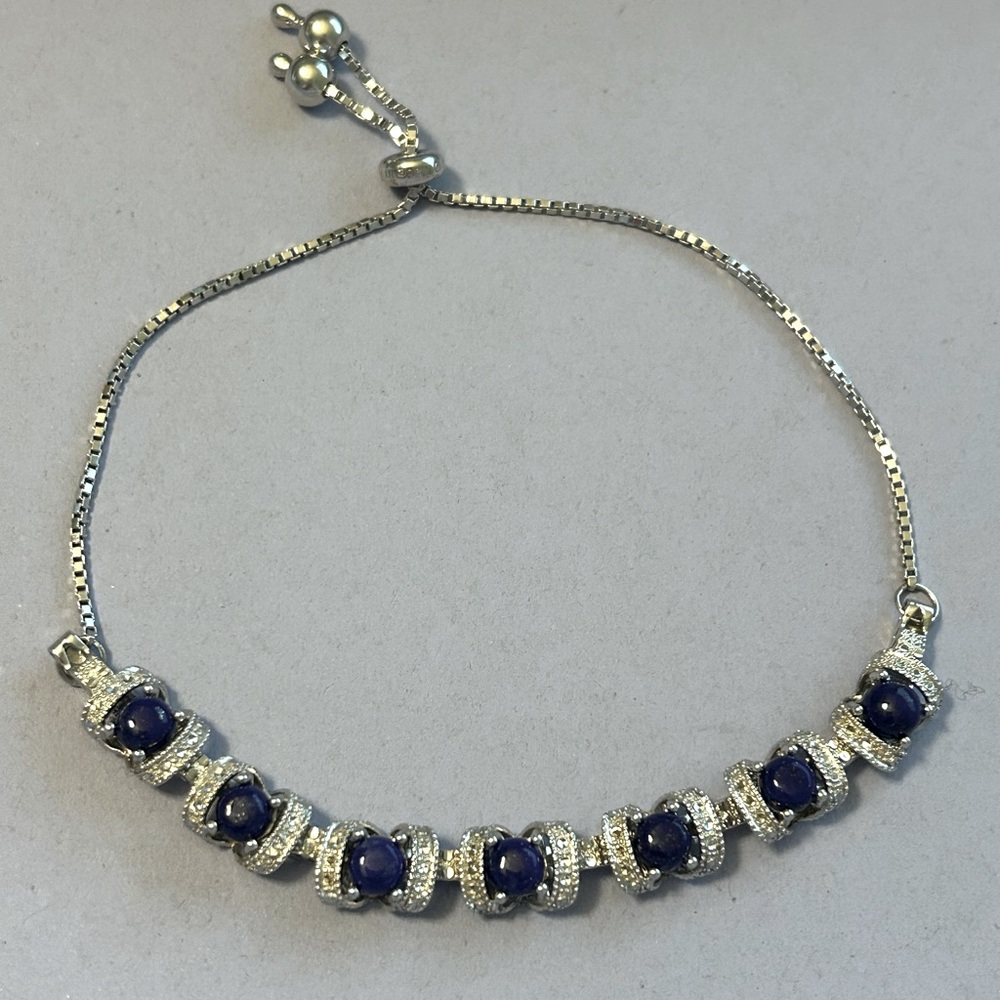 Lapis Lazuli adjustable bracelet. Diamond cut 925 sterling silver.
